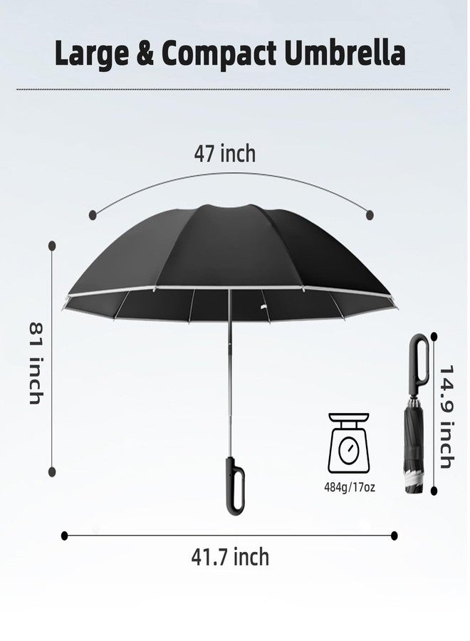 cuysfead Inverted Travel Umbrella with Carabiner Handle,Large Compact Umbrella for Rain and UV Protection,10 Ribs Windproof Reverse Umbrella with Reflective Strip,Auto Open Close for Women Men,Black - Image 5